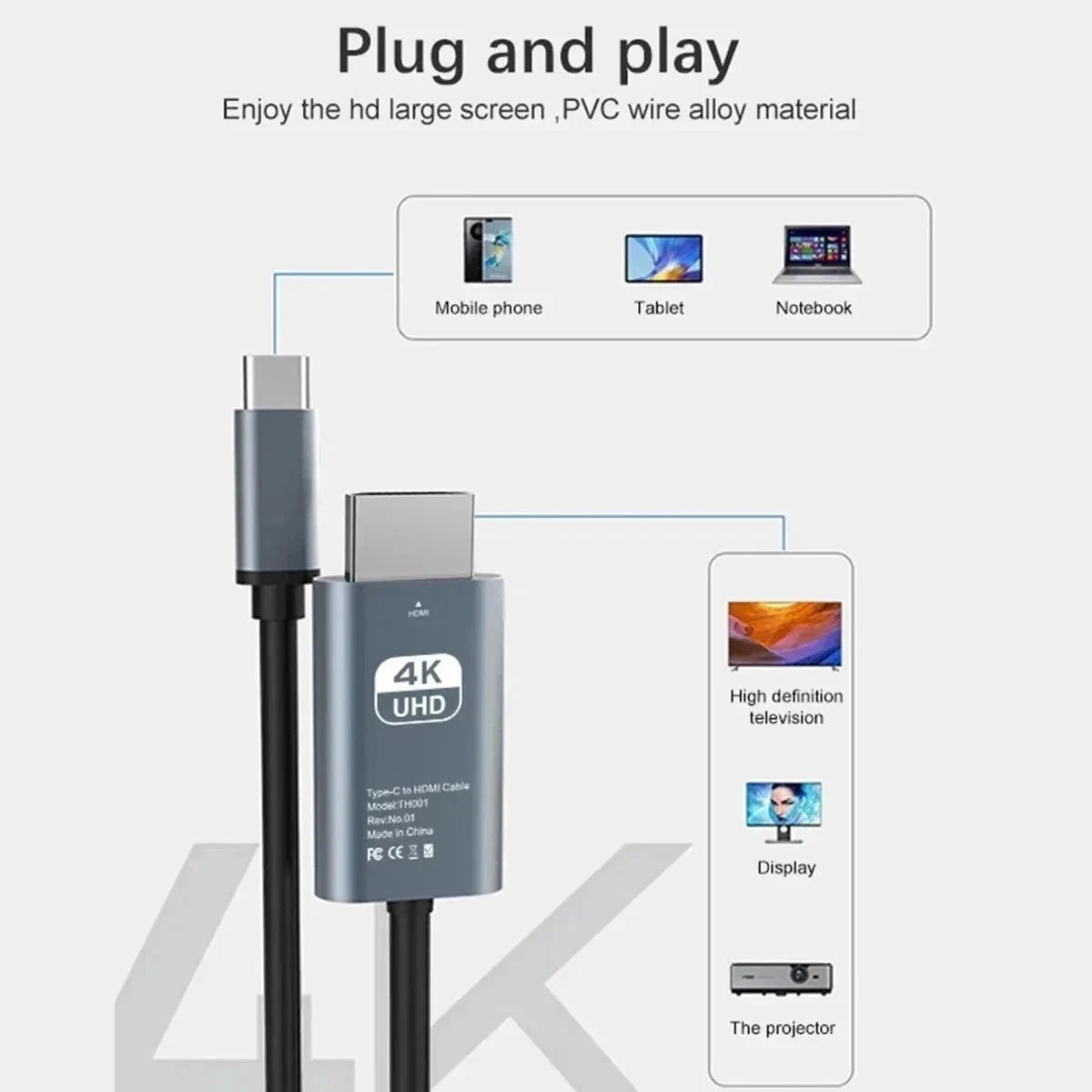 USB C To HDMI 2M 4K cable - TV Adapter | Phone | Tablet | Laptop | For Samsung
