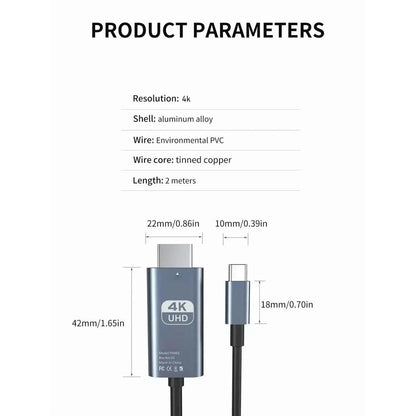 USB C To HDMI 2M 4K cable - TV Adapter | Phone | Tablet | Laptop | For Samsung